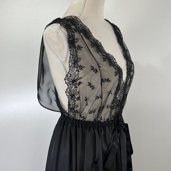 Vintage 70s Lily Of France Maxi Negligee Night Gown Black Bridal Lingerie - Picture 2 of 8